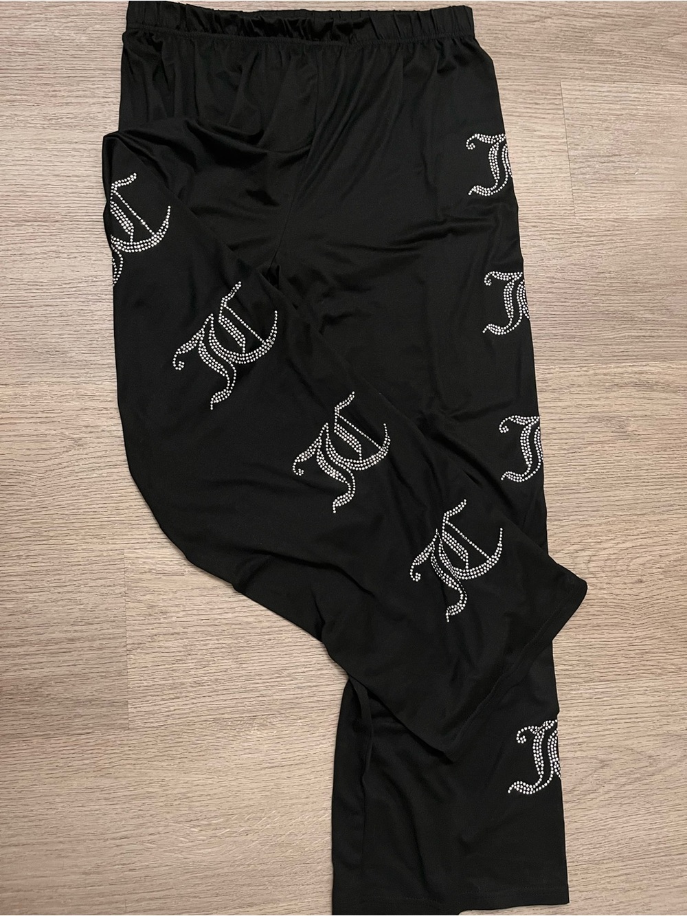Juicy Couture Black Wide Leg Pajama Pants with Rhinestone Logo Accents